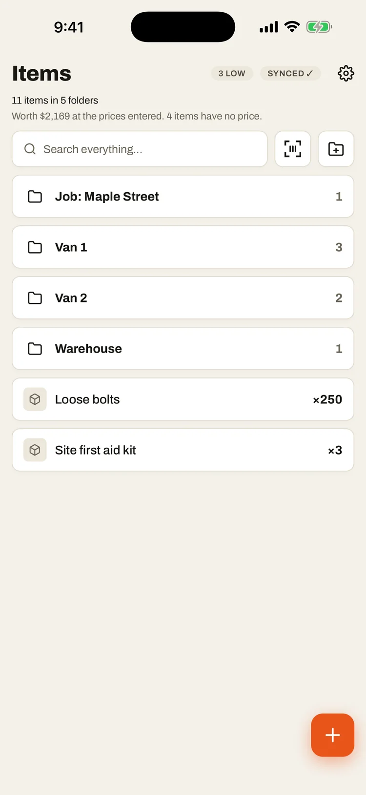 The inventory on a phone: eleven items in five folders, worth $2,169, three of them low.